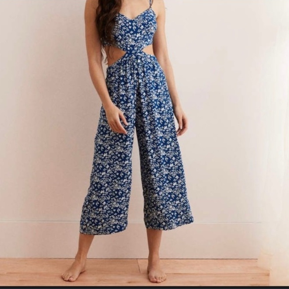 Aerie Navy Floral Jumpsuit Size XS